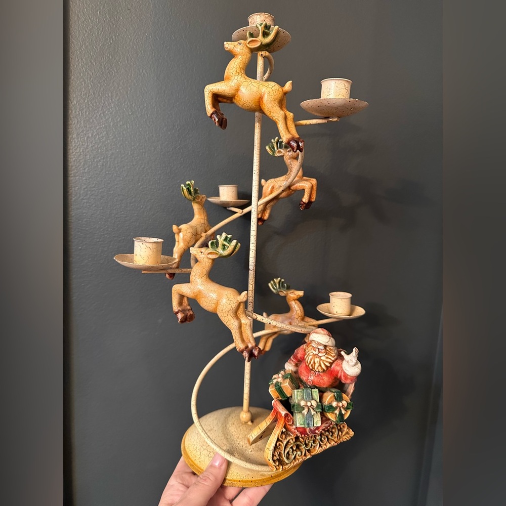 Vintage Metal Santa & Reindeer Candle Holder Christmas Holiday